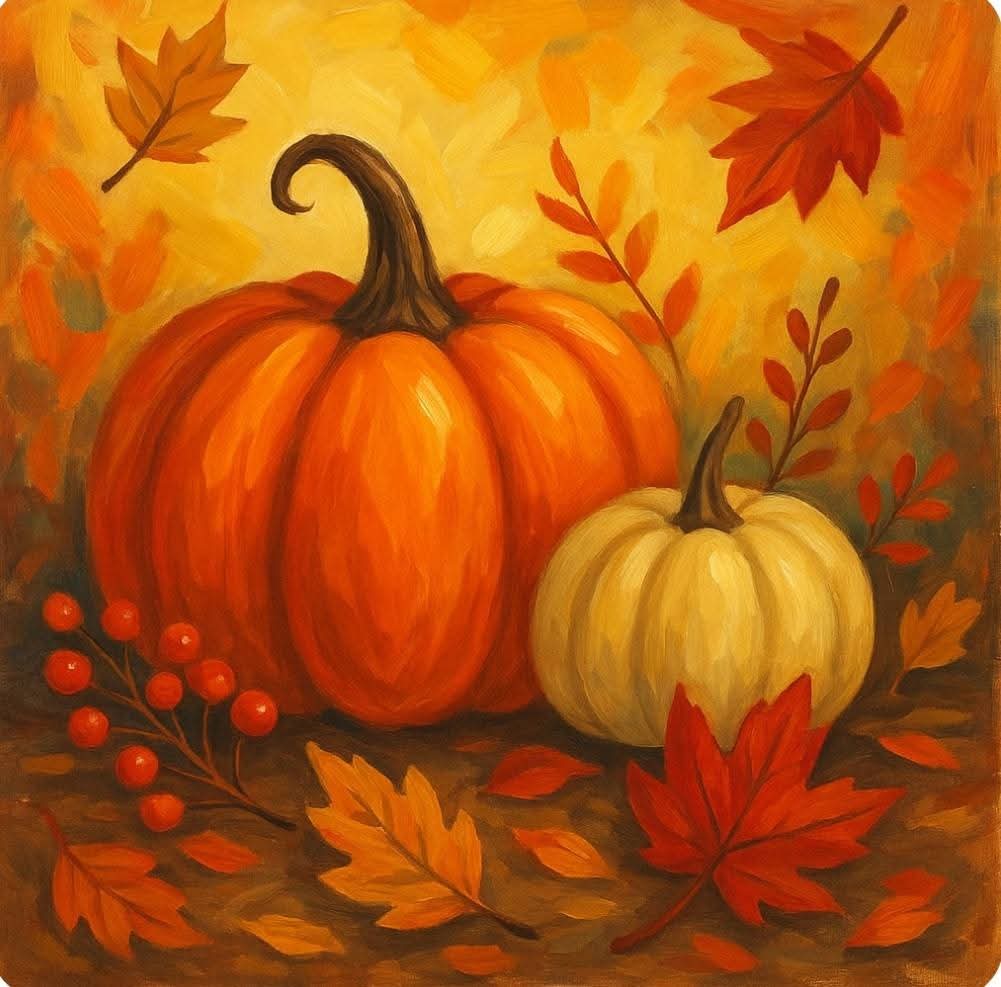 Orange and cream pumpkins surrounded by autumn leaves