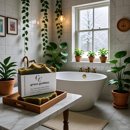 Green Goddess bar soap styled in a natural bathroom setting