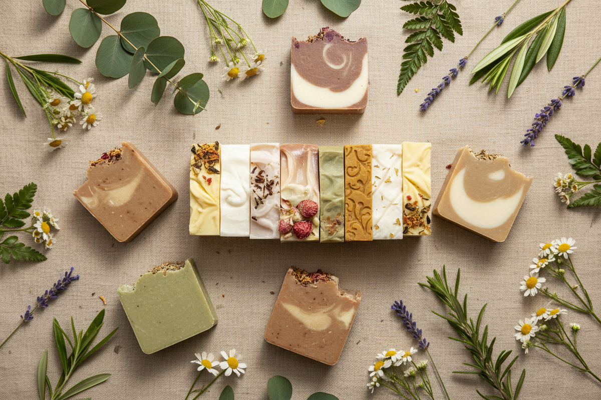 CeCe's Collective soaps flatlay with botanicals
