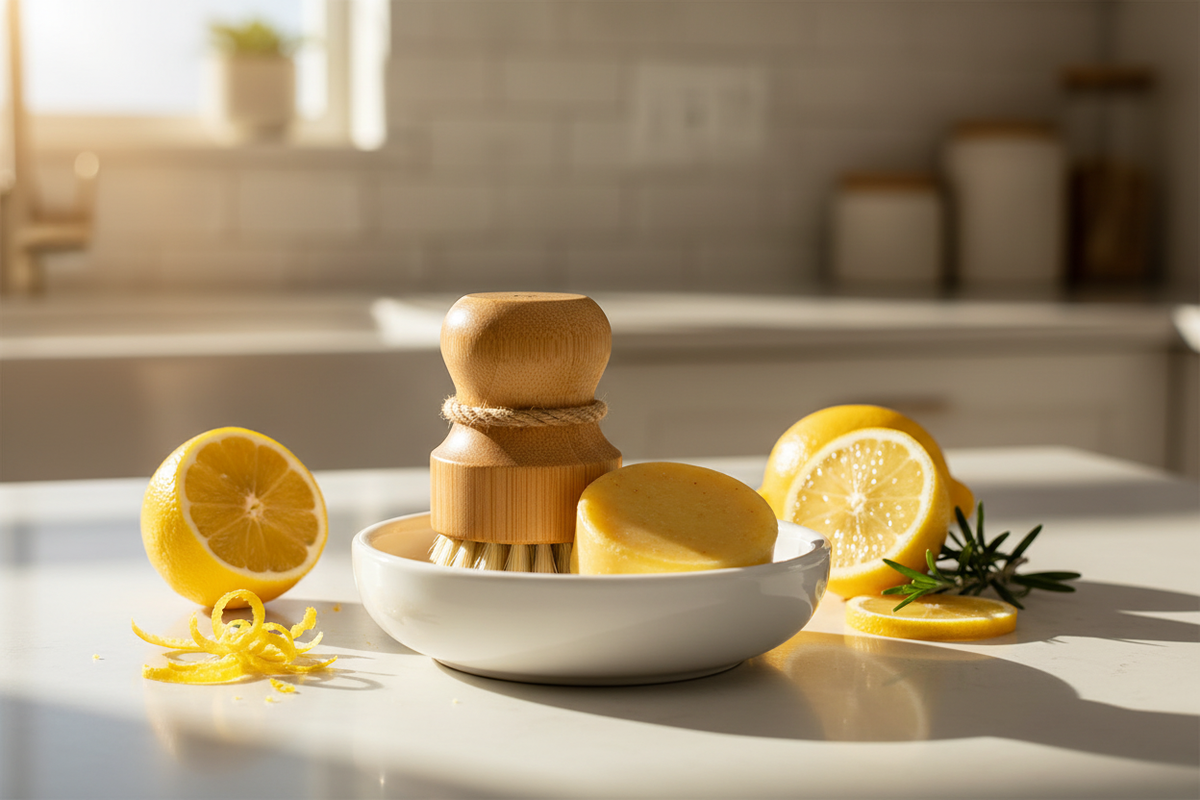 Citrus dish soap fully visible with lemons on kitchen counter