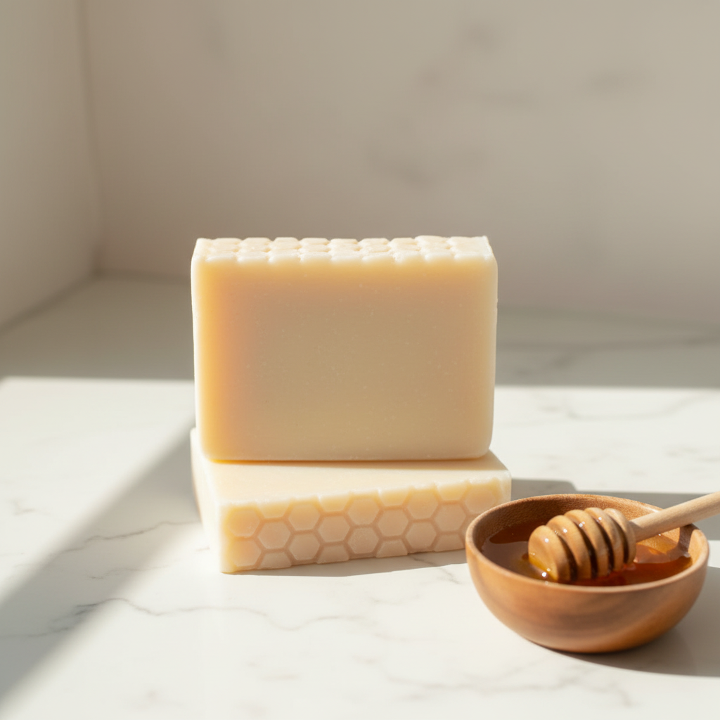 Milk and Honey bar soap with honey bowl on marble counter